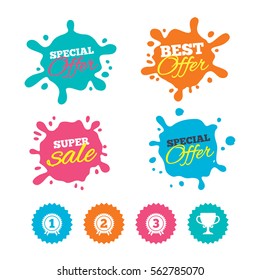 Best offer and sale splash banners. First, second and third place icons. Award medals sign symbols. Prize cup for winner. Web shopping labels. Vector