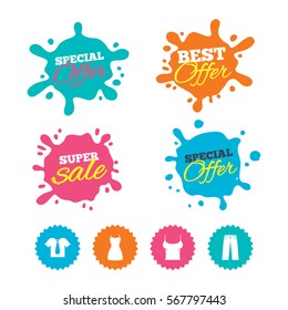 Best offer and sale splash banners. Clothes icons. T-shirt with business tie and pants signs. Women dress symbol. Web shopping labels. Vector