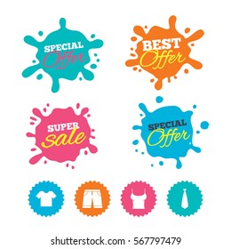 Best offer and sale splash banners. Clothes icons. T-shirt and bermuda shorts signs. Business tie symbol. Web shopping labels. Vector