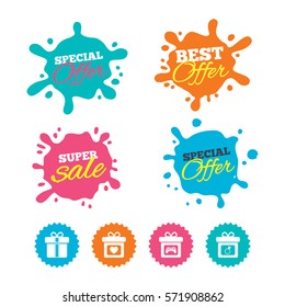 Best offer and sale splash banners. Gift box sign icons. Present with bow and ribbons symbols. Engagement ring sign. Video game joystick. Web shopping labels. Vector
