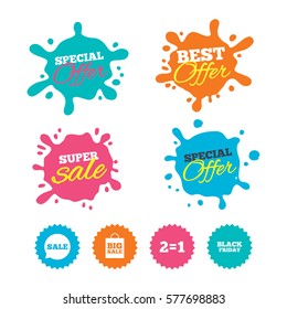 Best offer and sale splash banners. Sale speech bubble icons. Two equals one. Black friday sign. Big sale shopping bag symbol. Web shopping labels. Vector