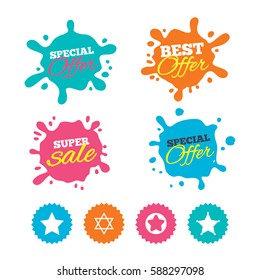 Best offer and sale splash banners. Star of David icons. Sheriff police sign. Symbol of Israel. Web shopping labels. Vector