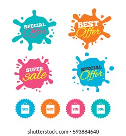 Best offer and sale splash banners. Sale bag tag icons. Discount special offer symbols. 50%, 60%, 70% and 80% percent discount signs. Web shopping labels. Vector