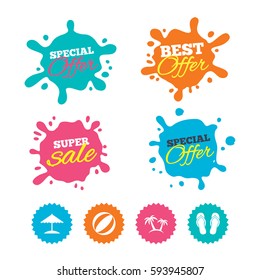 Best offer and sale splash banners. Beach holidays icons. Ball, umbrella and flip-flops sandals signs. Palm trees symbol. Web shopping labels. Vector