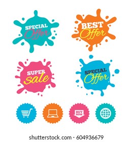 Best offer and sale splash banners. Online shopping icons. Notebook pc, shopping cart, buy now arrow and internet signs. WWW globe symbol. Web shopping labels. Vector