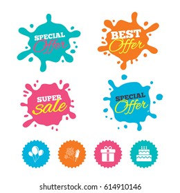 Best offer and sale splash banners. Birthday party icons. Cake and gift box signs. Air balloons and fireworks symbol. Web shopping labels. Vector