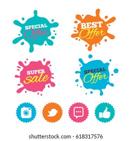 Best offer and sale splash banners. Hipster photo camera icon. Like and Chat speech bubble sign. Hand thumb up. Bird symbol. Web shopping labels. Vector