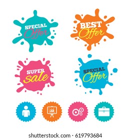 Best offer and sale splash banners. Business icons. Human silhouette and presentation board with charts signs. Case and gear symbols. Web shopping labels. Vector