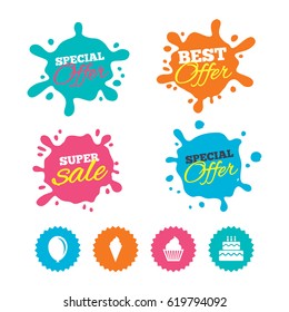 Best offer and sale splash banners. Birthday party icons. Cake with ice cream signs. Air balloon symbol. Web shopping labels. Vector