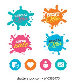 Best offer and sale splash banners. Social media icons. Chat speech bubble and Mail messages symbols. Love heart sign. Human person profile. Web shopping labels. Vector