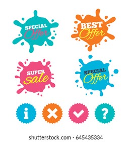 Best offer and sale splash banners. Information icons. Delete and question FAQ mark signs. Approved check mark symbol. Web shopping labels. Vector