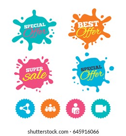 Best offer and sale splash banners. Group of people and share icons. Add user and video camera symbols. Communication signs. Web shopping labels. Vector