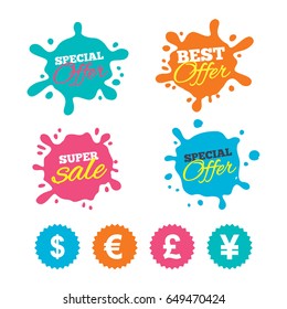 Best offer and sale splash banners. Dollar, Euro, Pound and Yen currency icons. USD, EUR, GBP and JPY money sign symbols. Web shopping labels. Vector