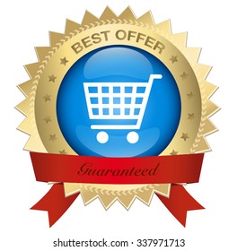Best offer seal or icon with red banner and shopping cart symbol. Glossy golden seal or button with stars and elegant banner.