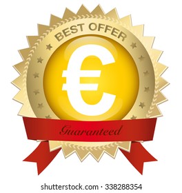 Best offer seal or icon with red banner and Euro symbol. Glossy golden seal or button with stars and elegant banner.