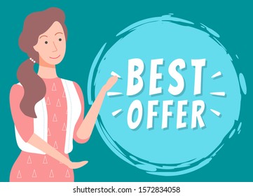 Best offer at shop vector, isolated character with circle and inscription. Promotion clearance, presenter with sales and offering from stores banner
