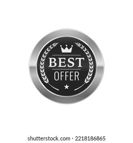 Best offer silver badge and label. Sale promotion, purchasing special offer platinum seal or silver badge, product best price vector sticker or premium tag. Discount advertising glossy metal label