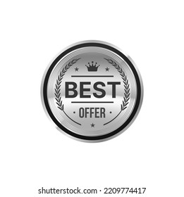 Best offer silver badge or special price label. Store best price symbol or sticker, shop sale coupon vector premium tag or silver badge. Store product discount promotion sign with laurel and crown - Shutterstock ID 2209774417