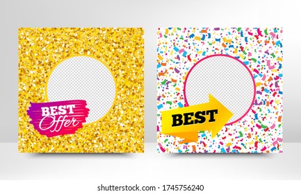 Best offer and special arrow. Sale banner with gold glitter, confetti. Discount offer badge. Social media layout banner. Online shopping web template. Promotional flyer design. Vector