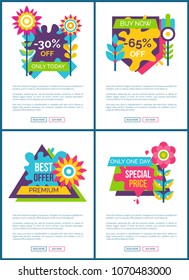 Best offer with special price promo web posters. Sale commercial banners with sample text. Sale with best offer Internet pages vector illustrations.