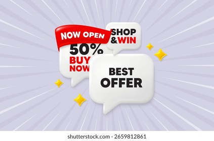 Mejor oferta de burbujas de discurso. Ahora abre la cinta de la bandera. Mejor etiqueta de oferta. Cartel especial de la venta del Precio. Símbolo de Descuentos publicitarios. Descuento de burbujas de chat con destellos 3d. Vector