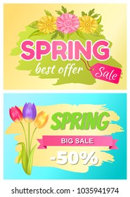 Best offer spring big sale advertisement daisy pink and yellow flowers and bouquet of tulips vector illustration. Promo sticker with springtime blossoms