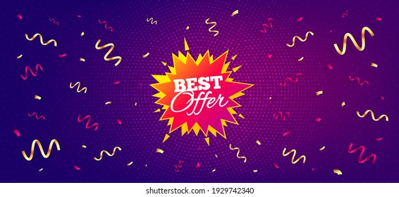 Best offer sticker. Festive confetti background with offer message. Discount banner shape. Sale coupon bubble icon. Best advertising confetti banner. Best offer badge shape. Vector - Shutterstock ID 1929742340