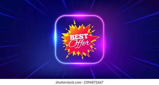 Best offer sticker. Neon light frame offer banner. Discount banner shape. Sale coupon bubble icon. Best offer promo event flyer, poster. Sunburst neon coupon. Flash special deal. Vector
