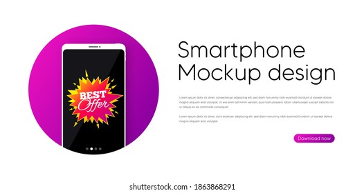 Mejor oferta de sticker. Cartel de la parodia del vector del teléfono. Forma de pancarta de descuento. Icono de burbuja de cupón de venta. El teléfono inteligente se burla en círculo. Cartel de la mejor oferta. Marco de pantalla del teléfono. Fondo móvil. Vector