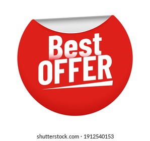 Best Offer Sticker. Red Badge With Bent Edge And Discount Prices. Sticky Circle Element For Promotion And Advertising, Sale Pricing For Store Or Shop Isolated Symbol Vector Illustration