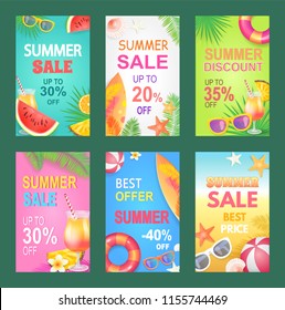 Best offer summer proposition set of posters vector. Reductions and offerings, discount shops with fruits and accessories, gaming items and surfboards
