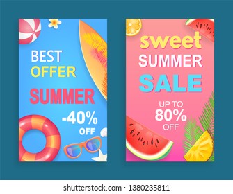 Best offer summer set of posters vector. Surfing board and rubber lifebuoy, watermelon and orange slice. Discounts and proposition, promotion sell