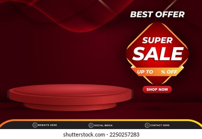 best offer super sale template banner with blank space 3d podium for product sale with abstract gradient red background design