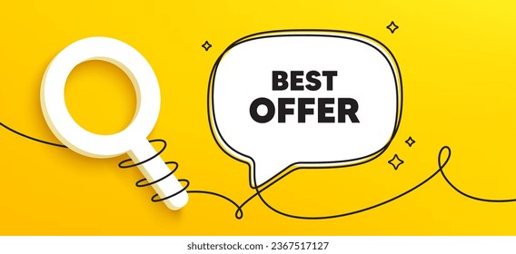 Best offer tag. Continuous line chat banner. Special price Sale sign. Advertising Discounts symbol. Best offer speech bubble message. Wrapped 3d search icon. Vector
