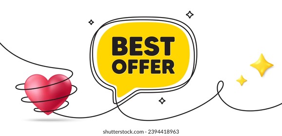 Best offer tag. Continuous line art banner. Special price Sale sign. Advertising Discounts symbol. Best offer speech bubble background. Wrapped 3d heart icon. Vector