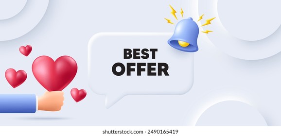 Etiqueta de mejor oferta. Fondo neumórfico con burbuja de habla. Cartel especial de venta de Precios. Símbolo de descuentos publicitarios. Mejor mensaje de voz de oferta. Anuncio con corazones 3d. Vector