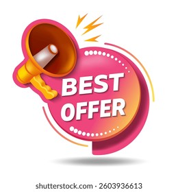 Best offer tag. Special promo sign. Logo design with megaphone and text. The loudspeaker screams best offer. Best offer, limited sale offer promo stamp with megaphone.
