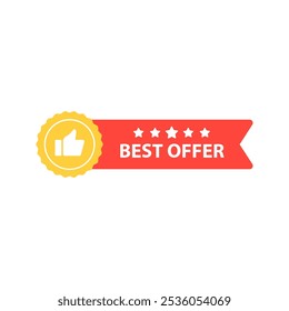 Best offer thumbs up label ribbon set. Business, product quality, sale, promotion, guarantee, marketing, advertising concepts. Flat vector design isolated illustration.