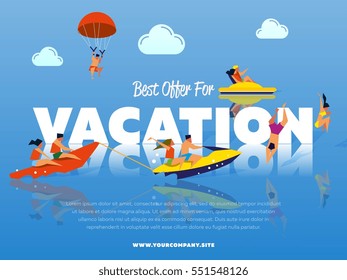 Best offer for vacation banner. People on banana boat. Swimming girl and couple on water bike. Kiting man. Couple riding jet ski. Beach activities. Summer water fun. Happy holiday. Outdoor leisure.