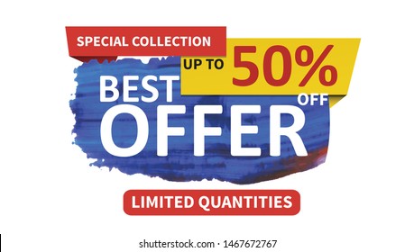 Best offer vector  banner template. Promotional word art. Colorful tag. Sale tag vector. Special offer sale tag. Promotional sale price. Special collection offer.