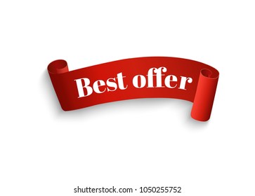 Best offer vector ribbon.Red scroll. Banner sale tag. Market special offer discount.