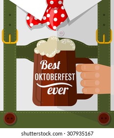 Best Oktoberfest ever, Oktoberfest man with beer mug congratulation. Postcard flat design.
	