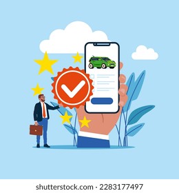 The best online car registration with a phone in hand. Quality Control and giving certified. Modern vector illustration in flat style