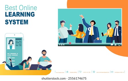 Best online learning system. Banner, businessman. Office where employees work at computers. Business people. Business presentation. Teamwork, education system analysis, design. Vector illustration