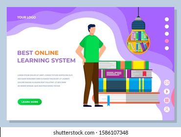 Best online learning system of man educating with books. Creative idea with training service and ebook. Notebook innovation and support. Website or landing page flat style, webpage template vector