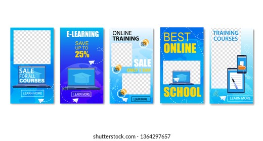Best Online School, Sale for All Courses Set of Templates Vector Illustration. Education via Online Video on Computer or Laptop. Modern Technologies, Gadgets, Devices. Training for Students.