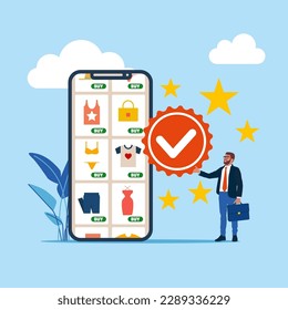 La mejor tienda online. Tienda en línea de control de calidad y entrega certificada. Ilustración vectorial moderna en estilo plano