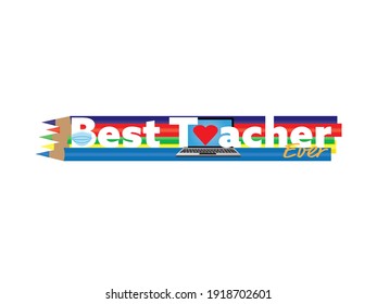 Best online teacher ever banner with White text, laptop, face mask, heart and colored pencils
