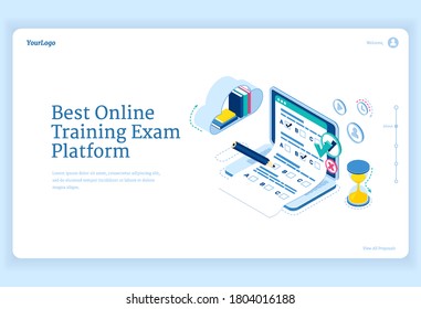 Best online training exam platform banner. Concept of internet learning, digital access to examination. Vector isometric illustration of laptop with checklist form, books and hourglass