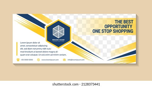 the best opportunity one stop shopping banner design template with combination yellow and blue colors on element. horizontal layout with space for photo and text. dot halftone pattern.